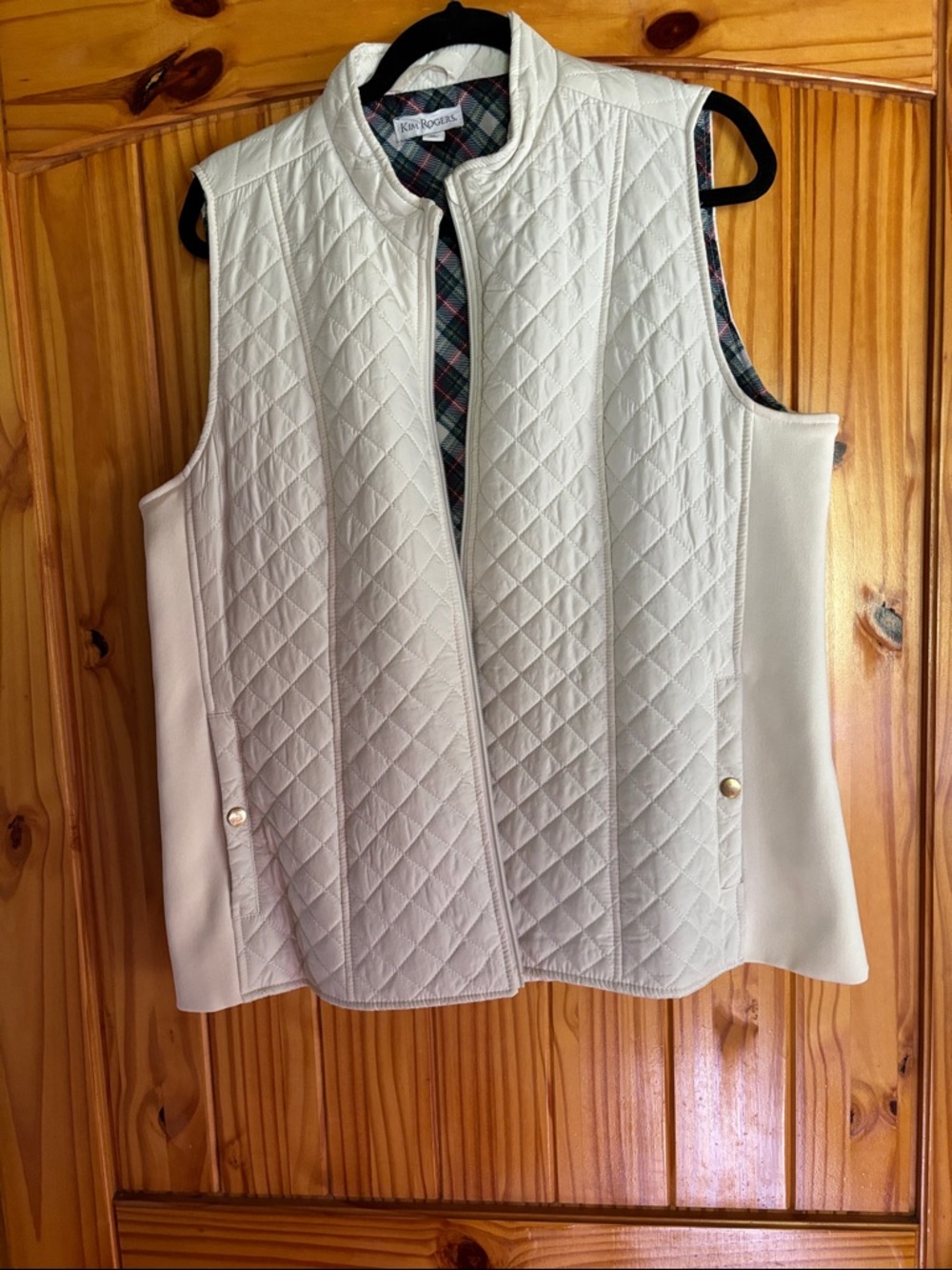 Kim Rogers Quilted Cream Sleeveless Vest with Plaid Lining